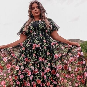 JessaKae Rose Dress Midi Length in Black, Size 2X